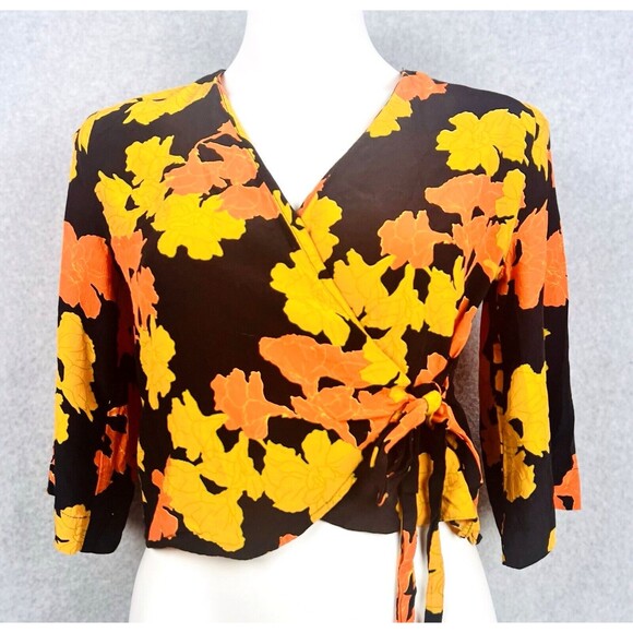 TopShop Crop Blouse Womens 4 Black Tropical Wrap Front Boho Office Top - Picture 2 of 15